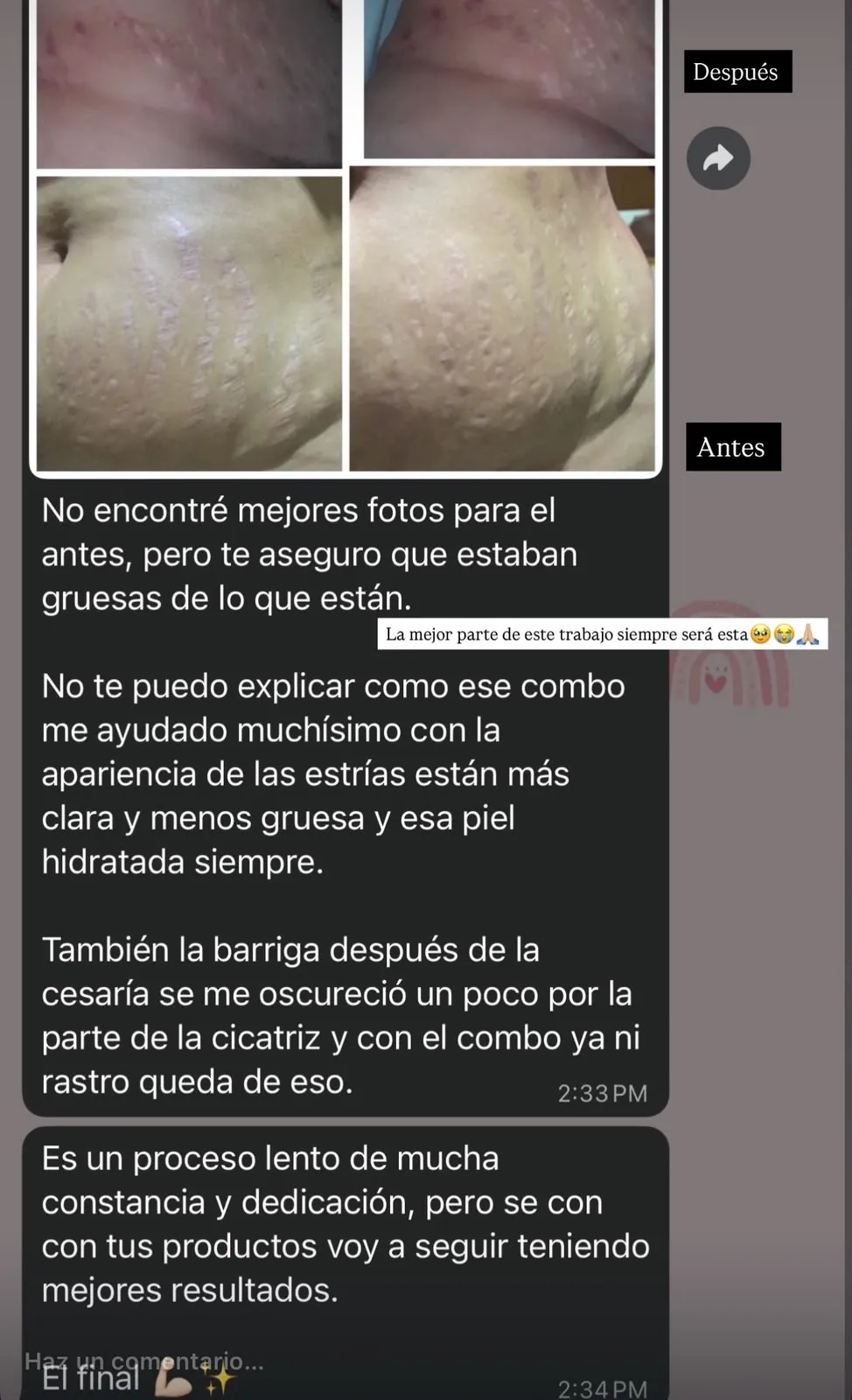 Evidencia real de cliente SKIN COSMETICS